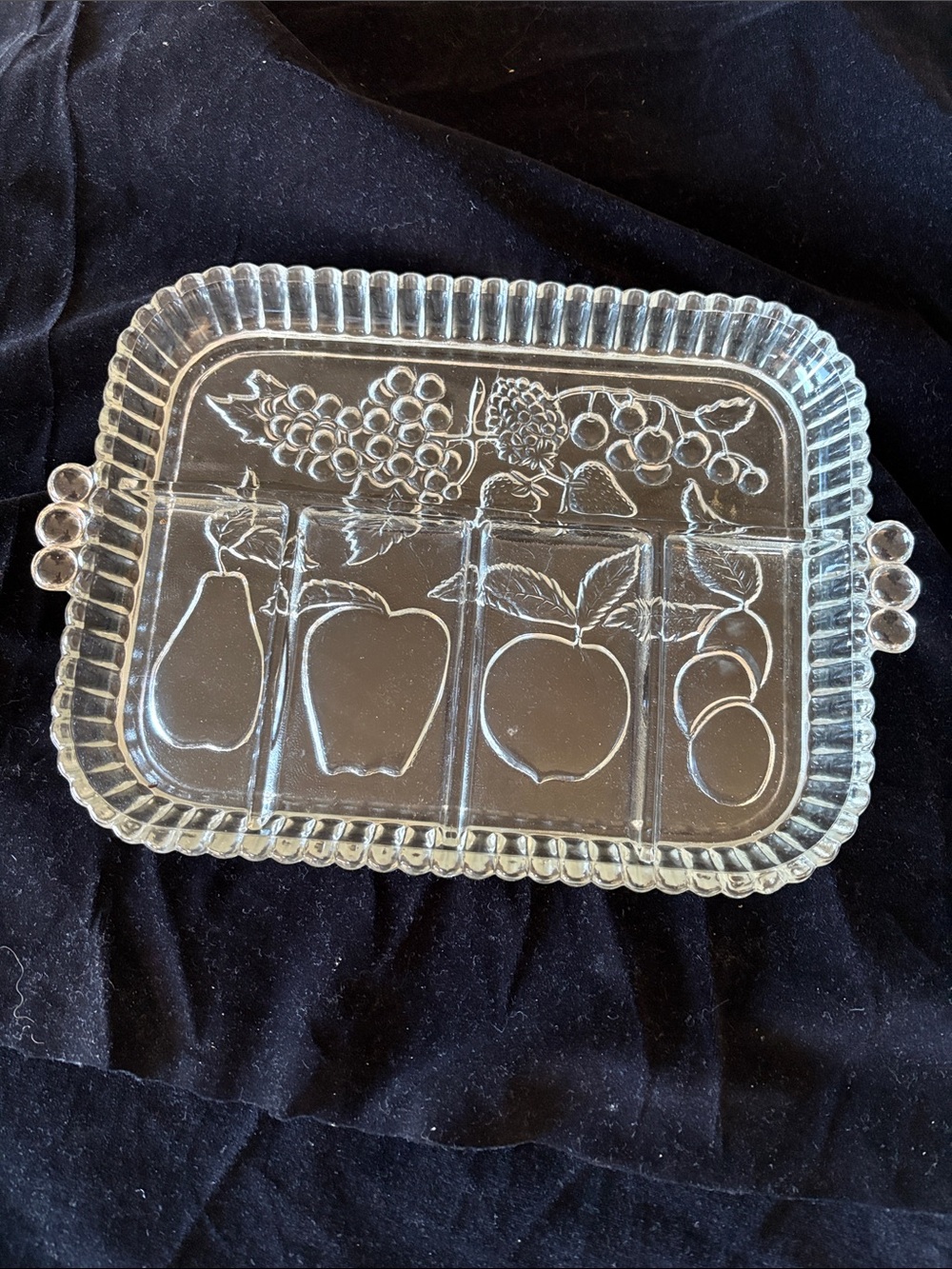 Vintage Clear Glass Divided Serving Tray with Fruit Motif
